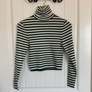 Zara Crop Turtleneck Womens XL Green Cream Stripes Long Sleeve